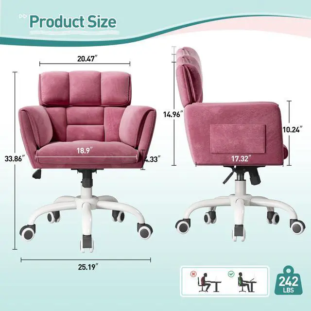 Alt view image 2 of 6 - Home Office Chair with Wheels Soft-Touch Material,Modern Cute Vanity Chair with Back Adjustable Height Upholstered Comfy Desk Chairs with Side Pockets for Bedroom,Pink
