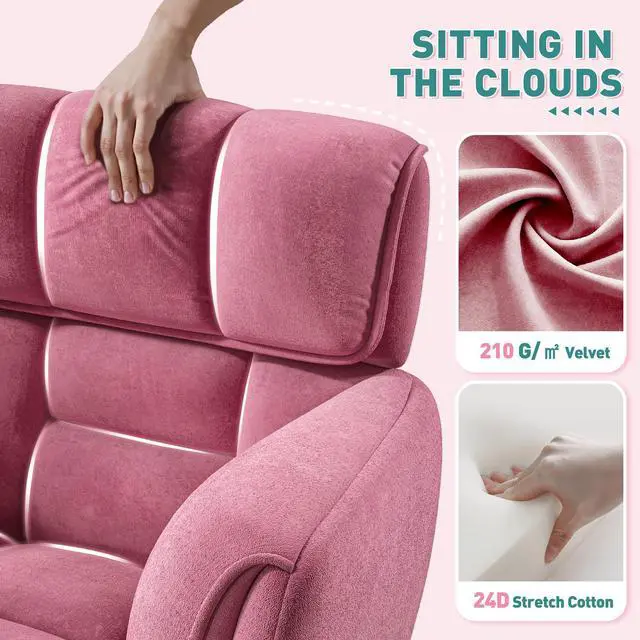 Alt view image 3 of 6 - Home Office Chair with Wheels Soft-Touch Material,Modern Cute Vanity Chair with Back Adjustable Height Upholstered Comfy Desk Chairs with Side Pockets for Bedroom,Pink
