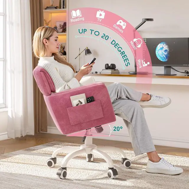 Alt view image 4 of 6 - Home Office Chair with Wheels Soft-Touch Material,Modern Cute Vanity Chair with Back Adjustable Height Upholstered Comfy Desk Chairs with Side Pockets for Bedroom,Pink