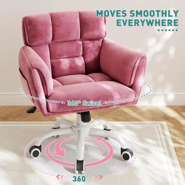 Alt view image 5 of 6 - Home Office Chair with Wheels Soft-Touch Material,Modern Cute Vanity Chair with Back Adjustable Height Upholstered Comfy Desk Chairs with Side Pockets for Bedroom,Pink