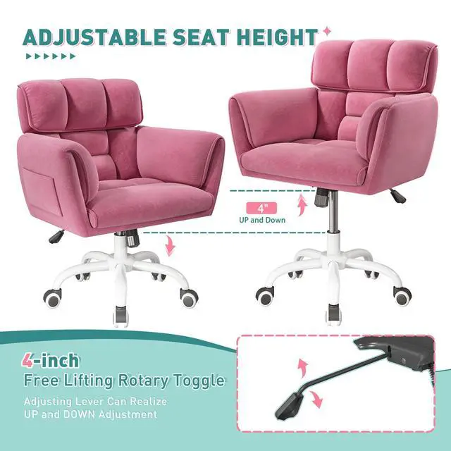 Alt view image 6 of 6 - Home Office Chair with Wheels Soft-Touch Material,Modern Cute Vanity Chair with Back Adjustable Height Upholstered Comfy Desk Chairs with Side Pockets for Bedroom,Pink