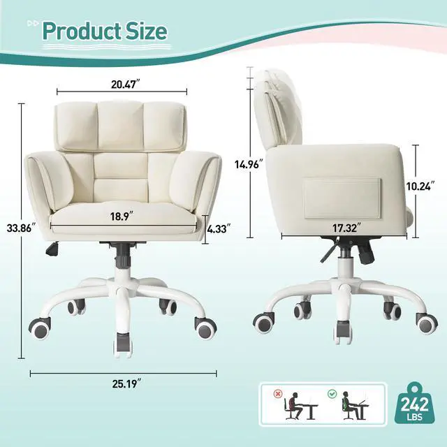 Alt view image 2 of 6 - Vanity Chair with Wheels & Soft Velvet Fabric, Desk Chair Comfy with Back, Upholstered Home Office Chair with Side Pockets for Bedroom, Office, Make-up Room, Height Adjustable, Beige