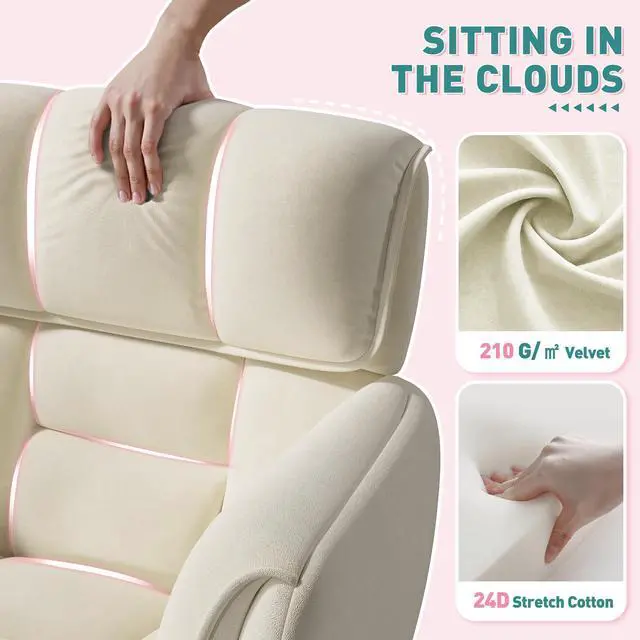 Alt view image 3 of 6 - Vanity Chair with Wheels & Soft Velvet Fabric, Desk Chair Comfy with Back, Upholstered Home Office Chair with Side Pockets for Bedroom, Office, Make-up Room, Height Adjustable, Beige