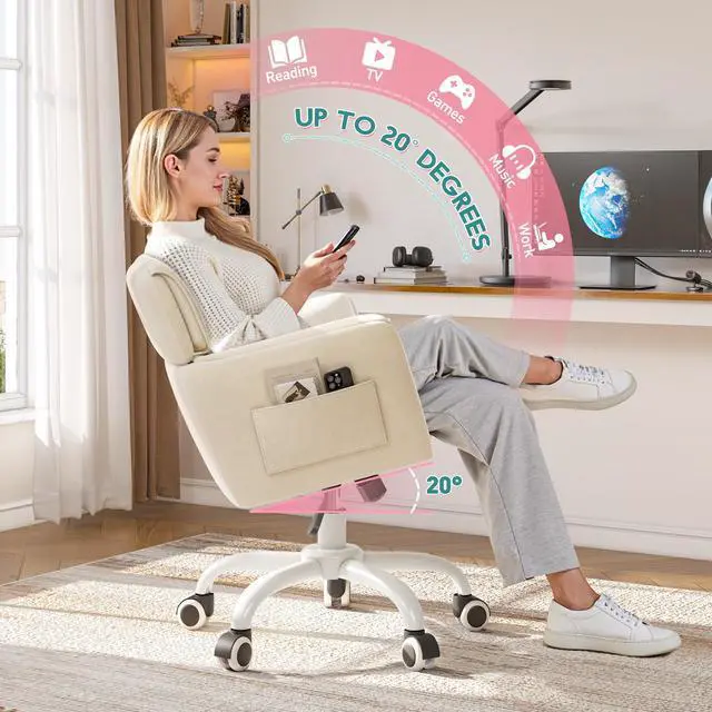 Alt view image 4 of 6 - Vanity Chair with Wheels & Soft Velvet Fabric, Desk Chair Comfy with Back, Upholstered Home Office Chair with Side Pockets for Bedroom, Office, Make-up Room, Height Adjustable, Beige