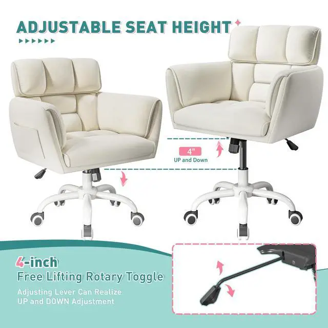 Alt view image 5 of 6 - Vanity Chair with Wheels & Soft Velvet Fabric, Desk Chair Comfy with Back, Upholstered Home Office Chair with Side Pockets for Bedroom, Office, Make-up Room, Height Adjustable, Beige