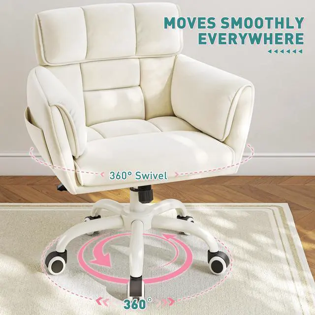 Alt view image 6 of 6 - Vanity Chair with Wheels & Soft Velvet Fabric, Desk Chair Comfy with Back, Upholstered Home Office Chair with Side Pockets for Bedroom, Office, Make-up Room, Height Adjustable, Beige