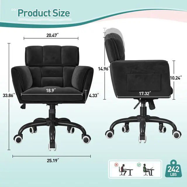 Alt view image 2 of 6 - Home Office Chair with Wheels Soft-Touch Material,Modern Cute Vanity Chair with Back Adjustable Height Upholstered Comfy Desk Chairs with Side Pockets for Bedroom,Black