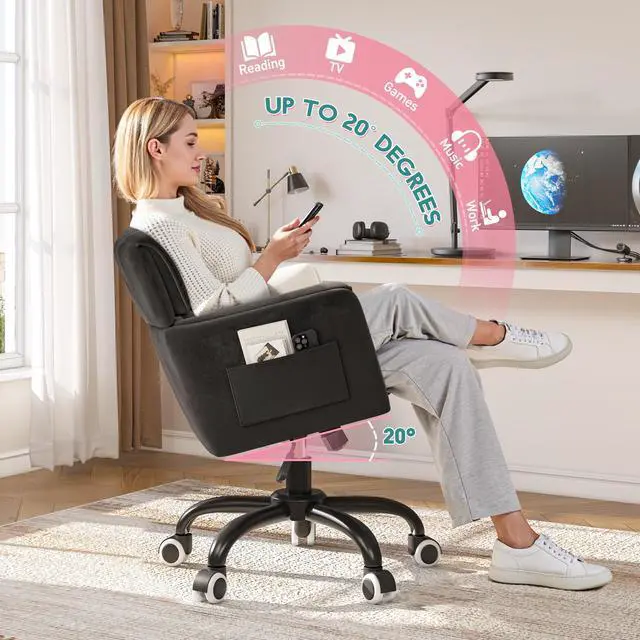 Alt view image 4 of 6 - Home Office Chair with Wheels Soft-Touch Material,Modern Cute Vanity Chair with Back Adjustable Height Upholstered Comfy Desk Chairs with Side Pockets for Bedroom,Black