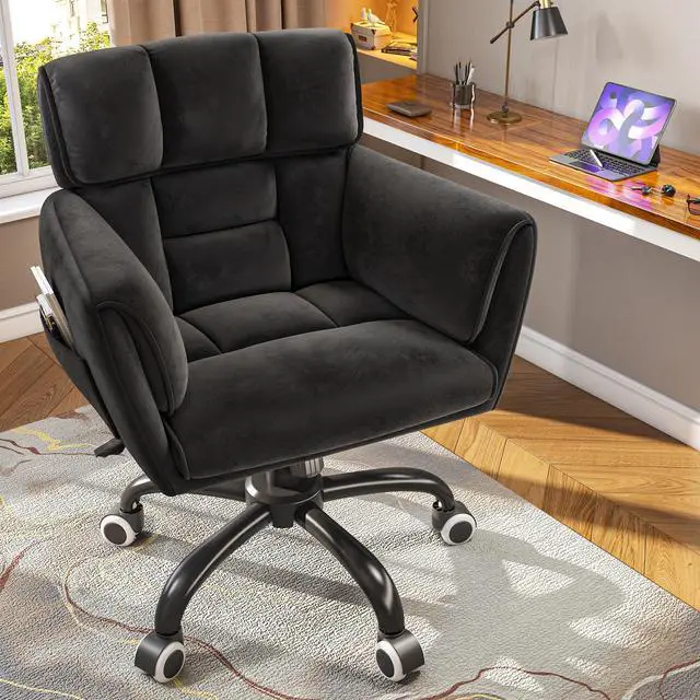 Alt view image 5 of 6 - Home Office Chair with Wheels Soft-Touch Material,Modern Cute Vanity Chair with Back Adjustable Height Upholstered Comfy Desk Chairs with Side Pockets for Bedroom,Black