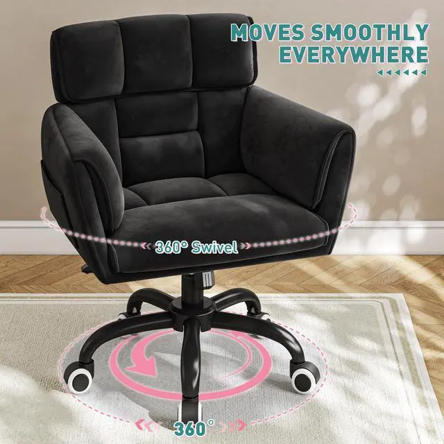 Alt view image 6 of 6 - Home Office Chair with Wheels Soft-Touch Material,Modern Cute Vanity Chair with Back Adjustable Height Upholstered Comfy Desk Chairs with Side Pockets for Bedroom,Black