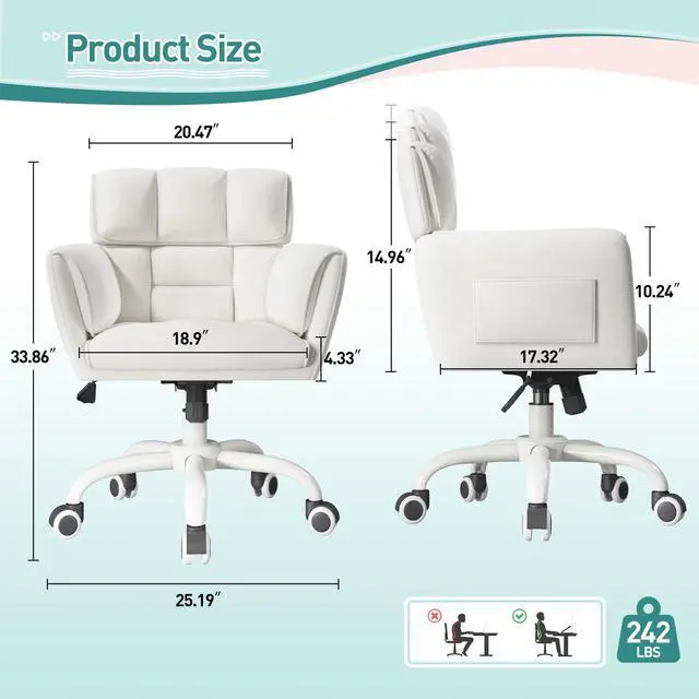 Alt view image 2 of 6 - Home Office Chair with Wheels Soft-Touch Material,Modern Cute Vanity Chair with Back Adjustable Height Upholstered Comfy Desk Chairs with Side Pockets for Bedroom,White