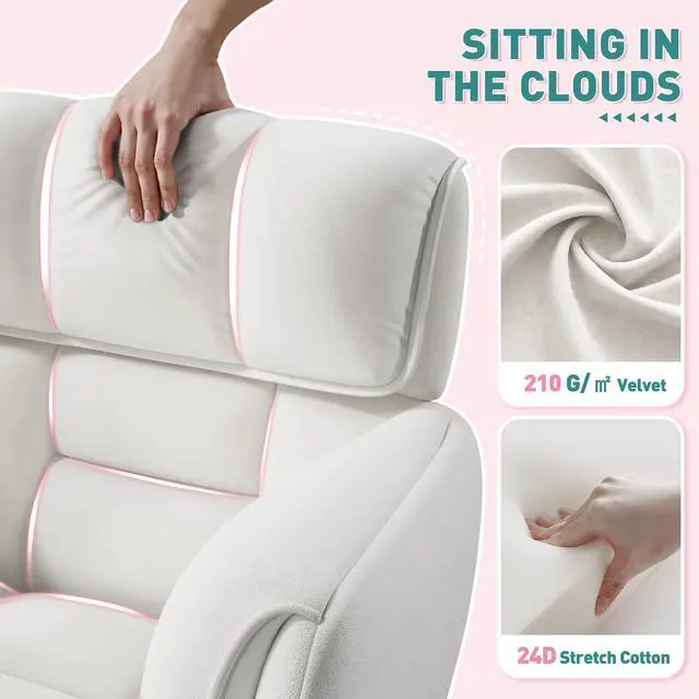 Alt view image 3 of 6 - Home Office Chair with Wheels Soft-Touch Material,Modern Cute Vanity Chair with Back Adjustable Height Upholstered Comfy Desk Chairs with Side Pockets for Bedroom,White