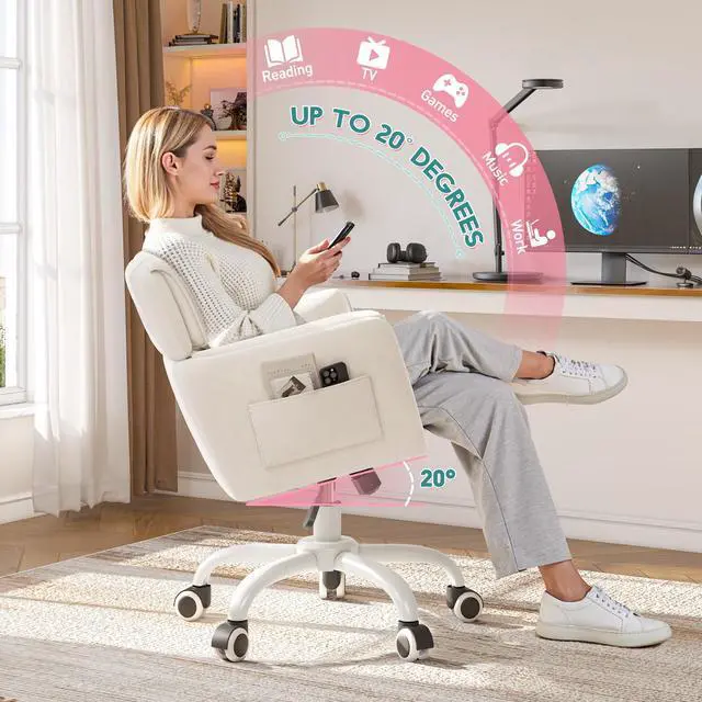 Alt view image 4 of 6 - Home Office Chair with Wheels Soft-Touch Material,Modern Cute Vanity Chair with Back Adjustable Height Upholstered Comfy Desk Chairs with Side Pockets for Bedroom,White