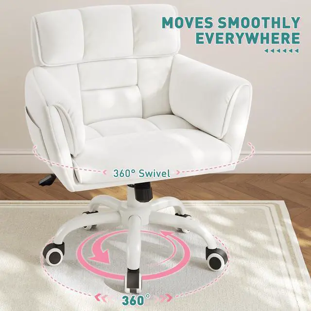 Alt view image 5 of 6 - Home Office Chair with Wheels Soft-Touch Material,Modern Cute Vanity Chair with Back Adjustable Height Upholstered Comfy Desk Chairs with Side Pockets for Bedroom,White