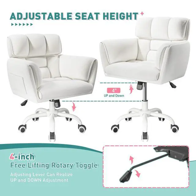 Alt view image 6 of 6 - Home Office Chair with Wheels Soft-Touch Material,Modern Cute Vanity Chair with Back Adjustable Height Upholstered Comfy Desk Chairs with Side Pockets for Bedroom,White