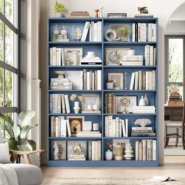 Alt view image 2 of 6 - Bookshelf and Bookcase, 6-Tier Double Wide Bookshelves, Freestanding Display Storage Shelves, Tall Bookcases for Home Decor Bedroom, Living Room, Home Office, Blue