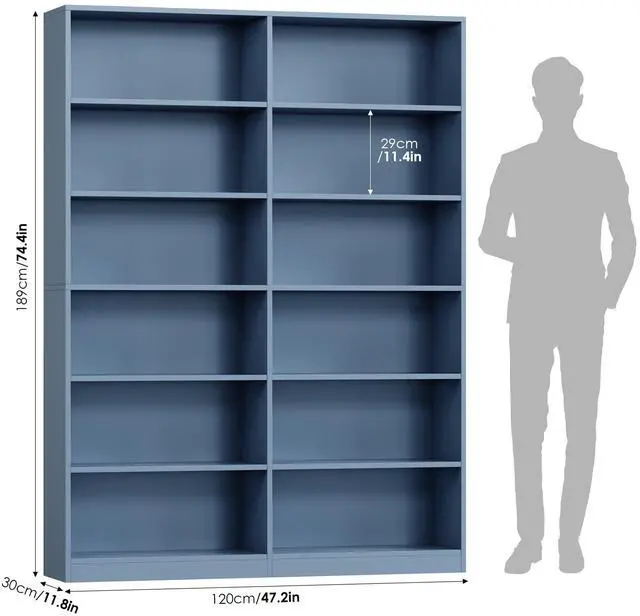 Alt view image 3 of 6 - Bookshelf and Bookcase, 6-Tier Double Wide Bookshelves, Freestanding Display Storage Shelves, Tall Bookcases for Home Decor Bedroom, Living Room, Home Office, Blue