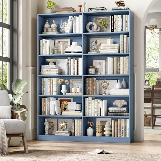 Alt view image 4 of 6 - Bookshelf and Bookcase, 6-Tier Double Wide Bookshelves, Freestanding Display Storage Shelves, Tall Bookcases for Home Decor Bedroom, Living Room, Home Office, Blue