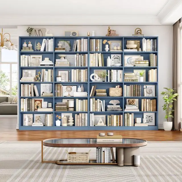 Alt view image 5 of 6 - Bookshelf and Bookcase, 6-Tier Double Wide Bookshelves, Freestanding Display Storage Shelves, Tall Bookcases for Home Decor Bedroom, Living Room, Home Office, Blue
