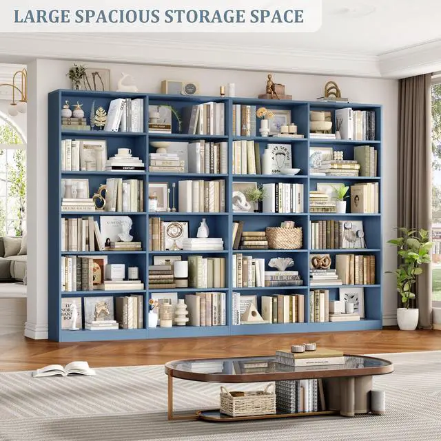 Alt view image 6 of 6 - Bookshelf and Bookcase, 6-Tier Double Wide Bookshelves, Freestanding Display Storage Shelves, Tall Bookcases for Home Decor Bedroom, Living Room, Home Office, Blue