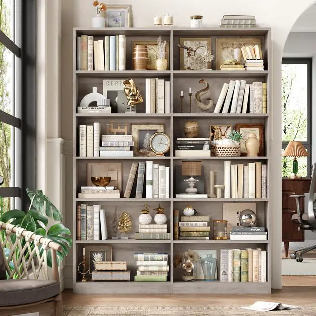 Alt view image 2 of 6 - Bookshelf and Bookcase, 6-Tier Double Wide Bookshelves, Freestanding Display Storage Shelves, Tall Bookcases for Home Decor Bedroom, Living Room, Home Office, Wash Gray