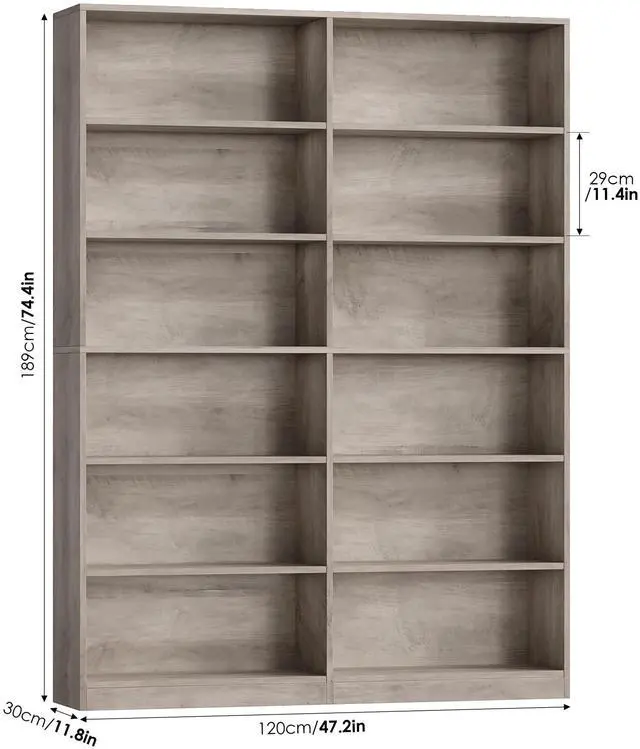 Alt view image 3 of 6 - Bookshelf and Bookcase, 6-Tier Double Wide Bookshelves, Freestanding Display Storage Shelves, Tall Bookcases for Home Decor Bedroom, Living Room, Home Office, Wash Gray