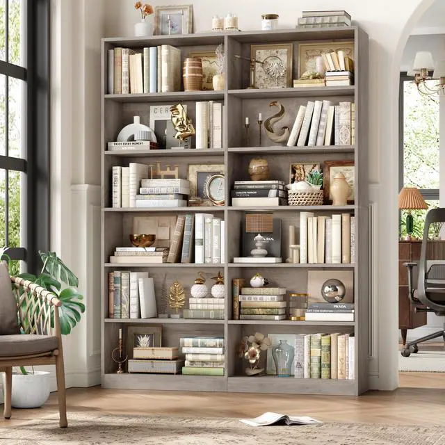 Alt view image 4 of 6 - Bookshelf and Bookcase, 6-Tier Double Wide Bookshelves, Freestanding Display Storage Shelves, Tall Bookcases for Home Decor Bedroom, Living Room, Home Office, Wash Gray