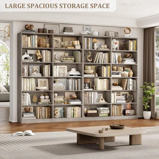 Alt view image 6 of 6 - Bookshelf and Bookcase, 6-Tier Double Wide Bookshelves, Freestanding Display Storage Shelves, Tall Bookcases for Home Decor Bedroom, Living Room, Home Office, Wash Gray