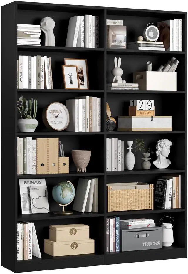 Main image of Bookshelf and Bookcase, 6-Tier Double Wide Bookshelves, Freestanding Display Storage Shelves, Tall Bookcases for Home Decor Bedroom, Living Room, Home Office, Black