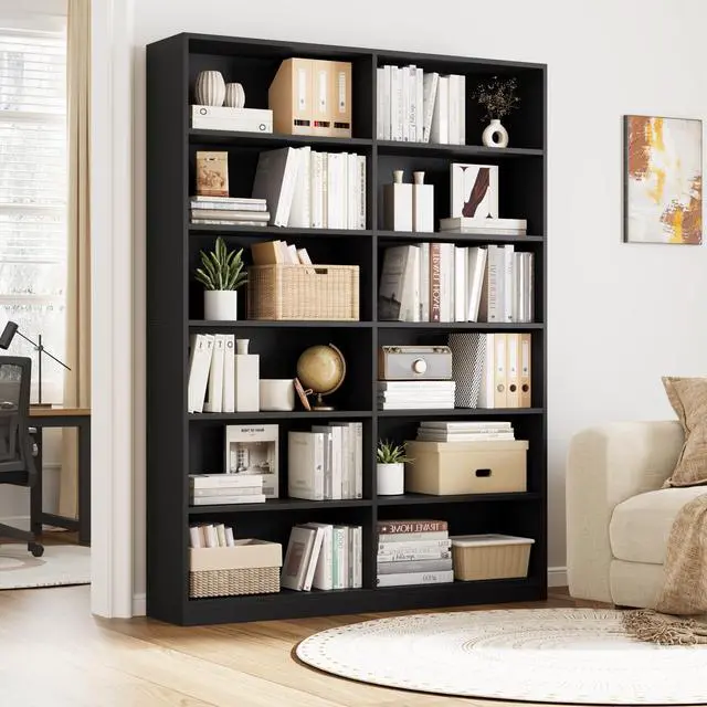 Alt view image 2 of 6 - Bookshelf and Bookcase, 6-Tier Double Wide Bookshelves, Freestanding Display Storage Shelves, Tall Bookcases for Home Decor Bedroom, Living Room, Home Office, Black
