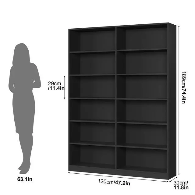 Alt view image 3 of 6 - Bookshelf and Bookcase, 6-Tier Double Wide Bookshelves, Freestanding Display Storage Shelves, Tall Bookcases for Home Decor Bedroom, Living Room, Home Office, Black