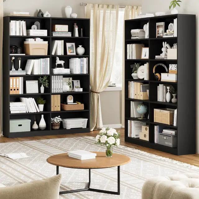 Alt view image 4 of 6 - Bookshelf and Bookcase, 6-Tier Double Wide Bookshelves, Freestanding Display Storage Shelves, Tall Bookcases for Home Decor Bedroom, Living Room, Home Office, Black