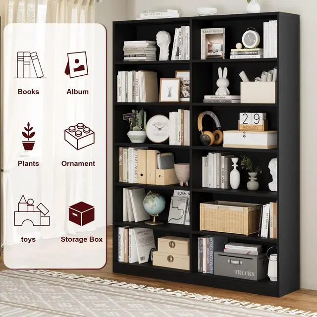 Alt view image 5 of 6 - Bookshelf and Bookcase, 6-Tier Double Wide Bookshelves, Freestanding Display Storage Shelves, Tall Bookcases for Home Decor Bedroom, Living Room, Home Office, Black