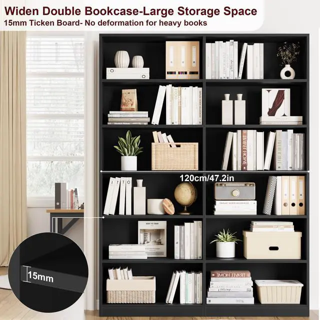 Alt view image 6 of 6 - Bookshelf and Bookcase, 6-Tier Double Wide Bookshelves, Freestanding Display Storage Shelves, Tall Bookcases for Home Decor Bedroom, Living Room, Home Office, Black
