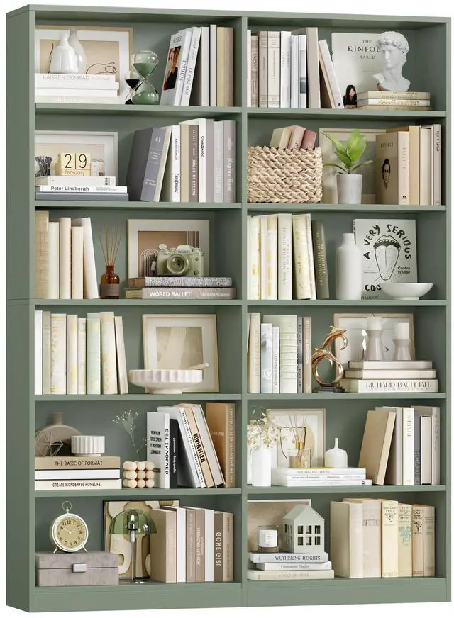 Main image of Bookshelf and Bookcase, 6-Tier Double Wide Bookshelves, Freestanding Display Storage Shelves, Tall Bookcases for Home Decor Bedroom, Living Room, Home Office, Green