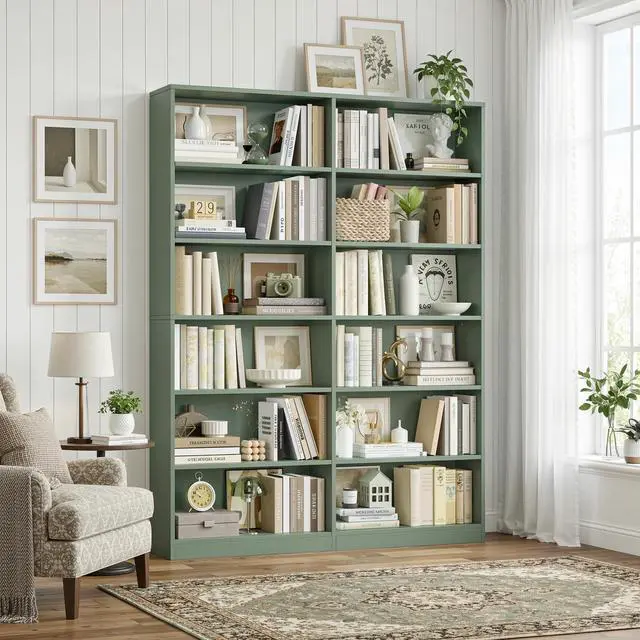 Alt view image 2 of 6 - Bookshelf and Bookcase, 6-Tier Double Wide Bookshelves, Freestanding Display Storage Shelves, Tall Bookcases for Home Decor Bedroom, Living Room, Home Office, Green