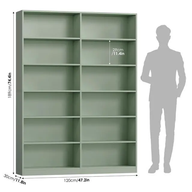 Alt view image 3 of 6 - Bookshelf and Bookcase, 6-Tier Double Wide Bookshelves, Freestanding Display Storage Shelves, Tall Bookcases for Home Decor Bedroom, Living Room, Home Office, Green