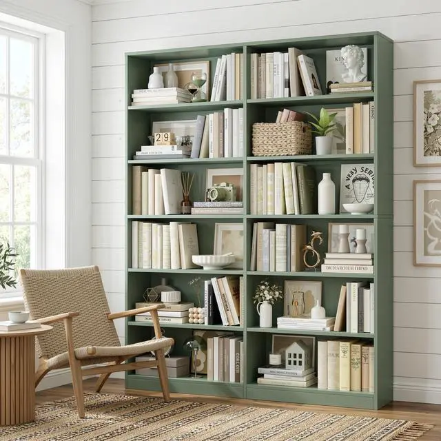 Alt view image 4 of 6 - Bookshelf and Bookcase, 6-Tier Double Wide Bookshelves, Freestanding Display Storage Shelves, Tall Bookcases for Home Decor Bedroom, Living Room, Home Office, Green
