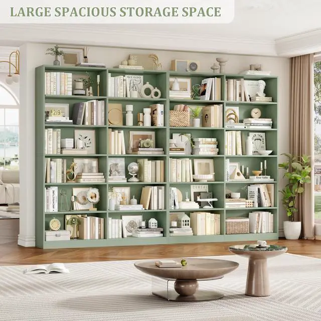 Alt view image 5 of 6 - Bookshelf and Bookcase, 6-Tier Double Wide Bookshelves, Freestanding Display Storage Shelves, Tall Bookcases for Home Decor Bedroom, Living Room, Home Office, Green