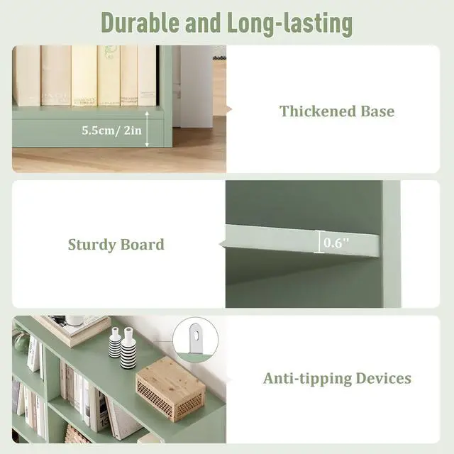 Alt view image 6 of 6 - Bookshelf and Bookcase, 6-Tier Double Wide Bookshelves, Freestanding Display Storage Shelves, Tall Bookcases for Home Decor Bedroom, Living Room, Home Office, Green