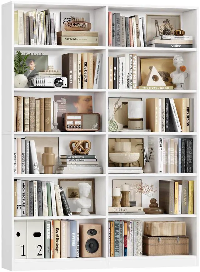 Main image of Bookshelf and Bookcase, 6-Tier Double Wide Bookshelves,Freestanding Display Storage Shelves, Tall Bookcases for Home Decor Bedroom, Living Room, Home Office, White