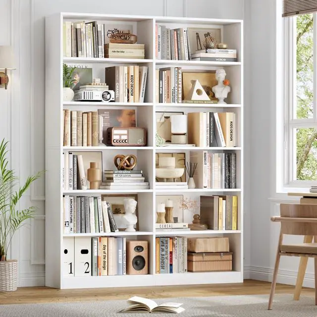 Alt view image 2 of 6 - Bookshelf and Bookcase, 6-Tier Double Wide Bookshelves,Freestanding Display Storage Shelves, Tall Bookcases for Home Decor Bedroom, Living Room, Home Office, White