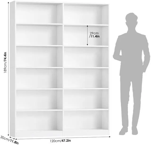 Alt view image 3 of 6 - Bookshelf and Bookcase, 6-Tier Double Wide Bookshelves,Freestanding Display Storage Shelves, Tall Bookcases for Home Decor Bedroom, Living Room, Home Office, White