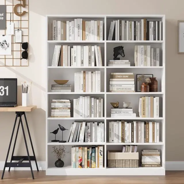 Alt view image 4 of 6 - Bookshelf and Bookcase, 6-Tier Double Wide Bookshelves,Freestanding Display Storage Shelves, Tall Bookcases for Home Decor Bedroom, Living Room, Home Office, White