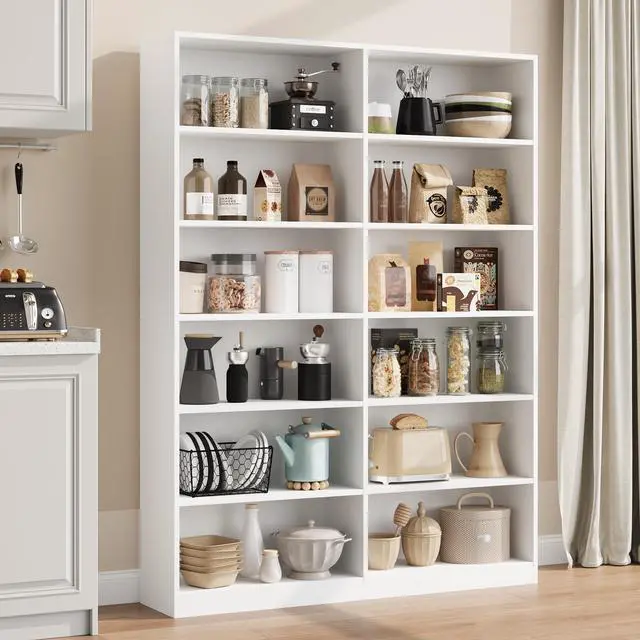 Alt view image 6 of 6 - Bookshelf and Bookcase, 6-Tier Double Wide Bookshelves,Freestanding Display Storage Shelves, Tall Bookcases for Home Decor Bedroom, Living Room, Home Office, White