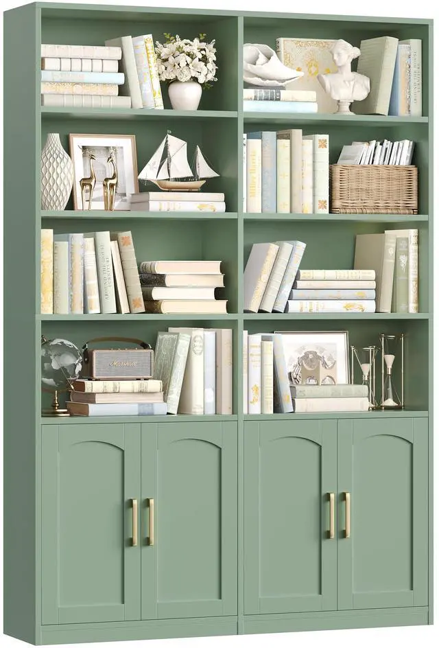 Main image of Bookshelf and Bookcase with Doors, 6 Tier Double Wide Large Bookshelves, Open Display Shelves, 73'' Tall Bookshelf with Storage Cabinets for Home Office, Living Room, Library, Green