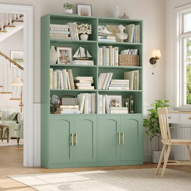 Alt view image 2 of 6 - Bookshelf and Bookcase with Doors, 6 Tier Double Wide Large Bookshelves, Open Display Shelves, 73'' Tall Bookshelf with Storage Cabinets for Home Office, Living Room, Library, Green
