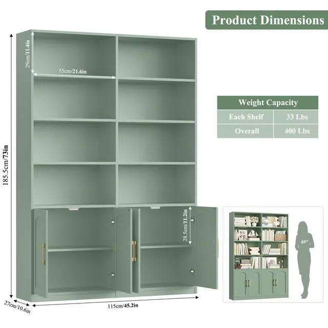 Alt view image 3 of 6 - Bookshelf and Bookcase with Doors, 6 Tier Double Wide Large Bookshelves, Open Display Shelves, 73'' Tall Bookshelf with Storage Cabinets for Home Office, Living Room, Library, Green