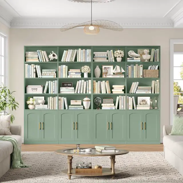 Alt view image 4 of 6 - Bookshelf and Bookcase with Doors, 6 Tier Double Wide Large Bookshelves, Open Display Shelves, 73'' Tall Bookshelf with Storage Cabinets for Home Office, Living Room, Library, Green