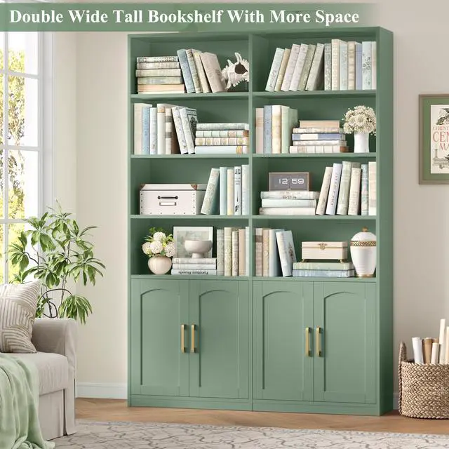 Alt view image 5 of 6 - Bookshelf and Bookcase with Doors, 6 Tier Double Wide Large Bookshelves, Open Display Shelves, 73'' Tall Bookshelf with Storage Cabinets for Home Office, Living Room, Library, Green